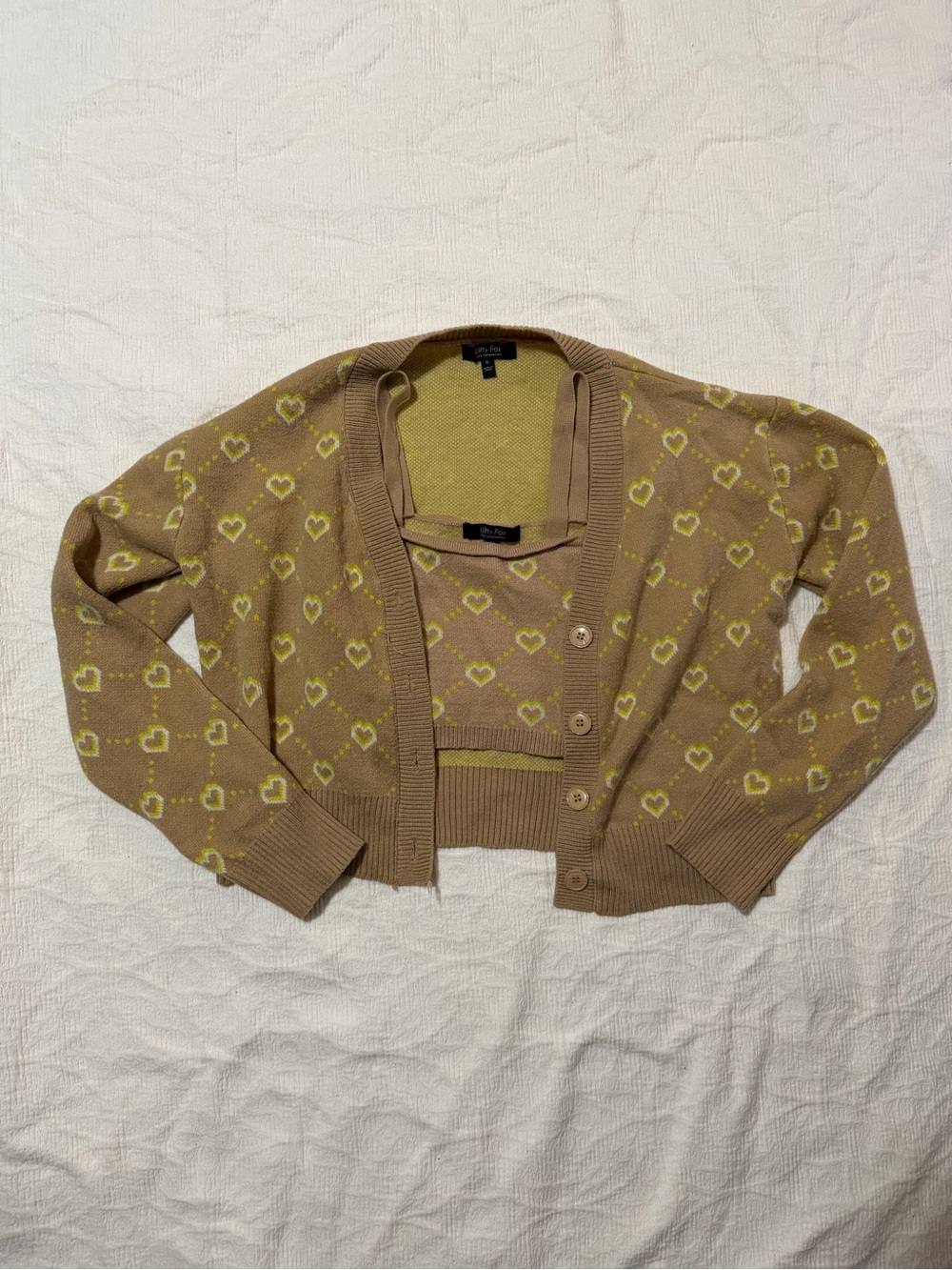 Witty Fox XL tan and green cardigan and crop top set new